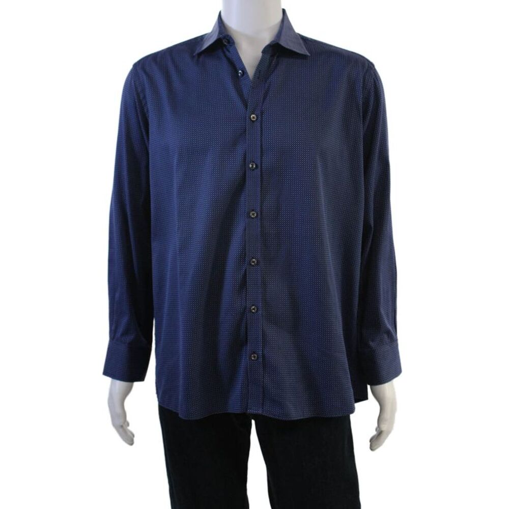 Sand Mens Point Collar Button-Up Shirt Dark Blue Polka Dot Cotton Size 43